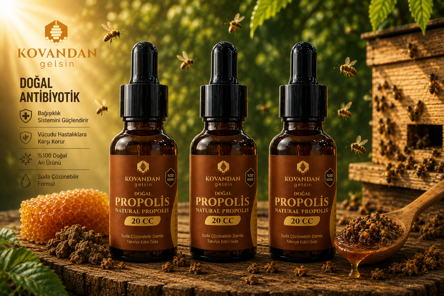 Doğal Alkolsüz Propolis Damlası Avantajlı Üçlü Paket Su Bazlı 3x20 ml