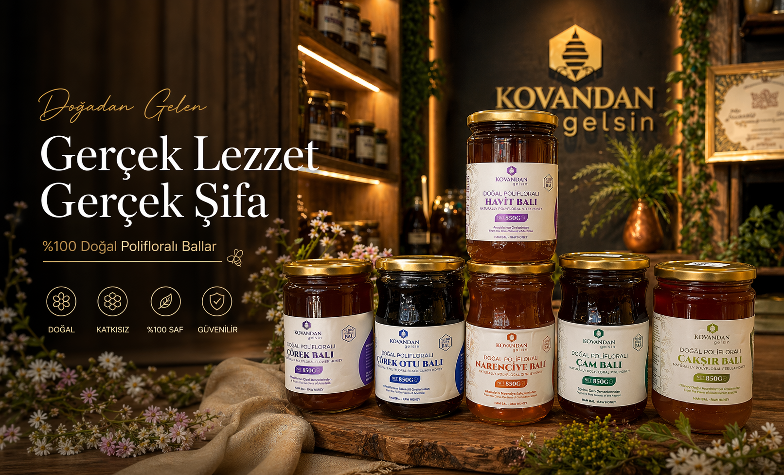 Kovandan Gelsin markasının doğrudan üreticiden sofraya uzanan doğal bal çeşitleri – katkısız çam balı, çiçek balı, sandal ağacı balı, sedir ağacı balı, portakal balı, krem balve özel hasat balları